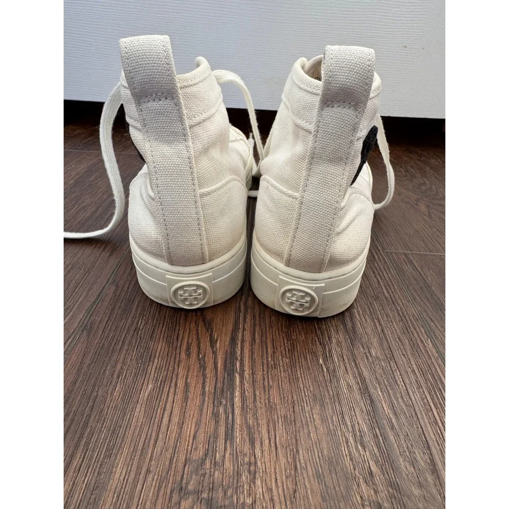 Tory Burch Howell High Top Sneakers White Canvas Black Logo Womens 7M